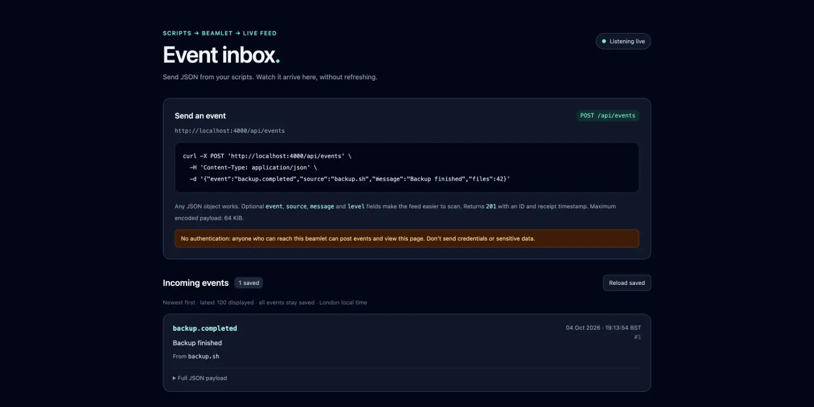 Screenshot of event inbox