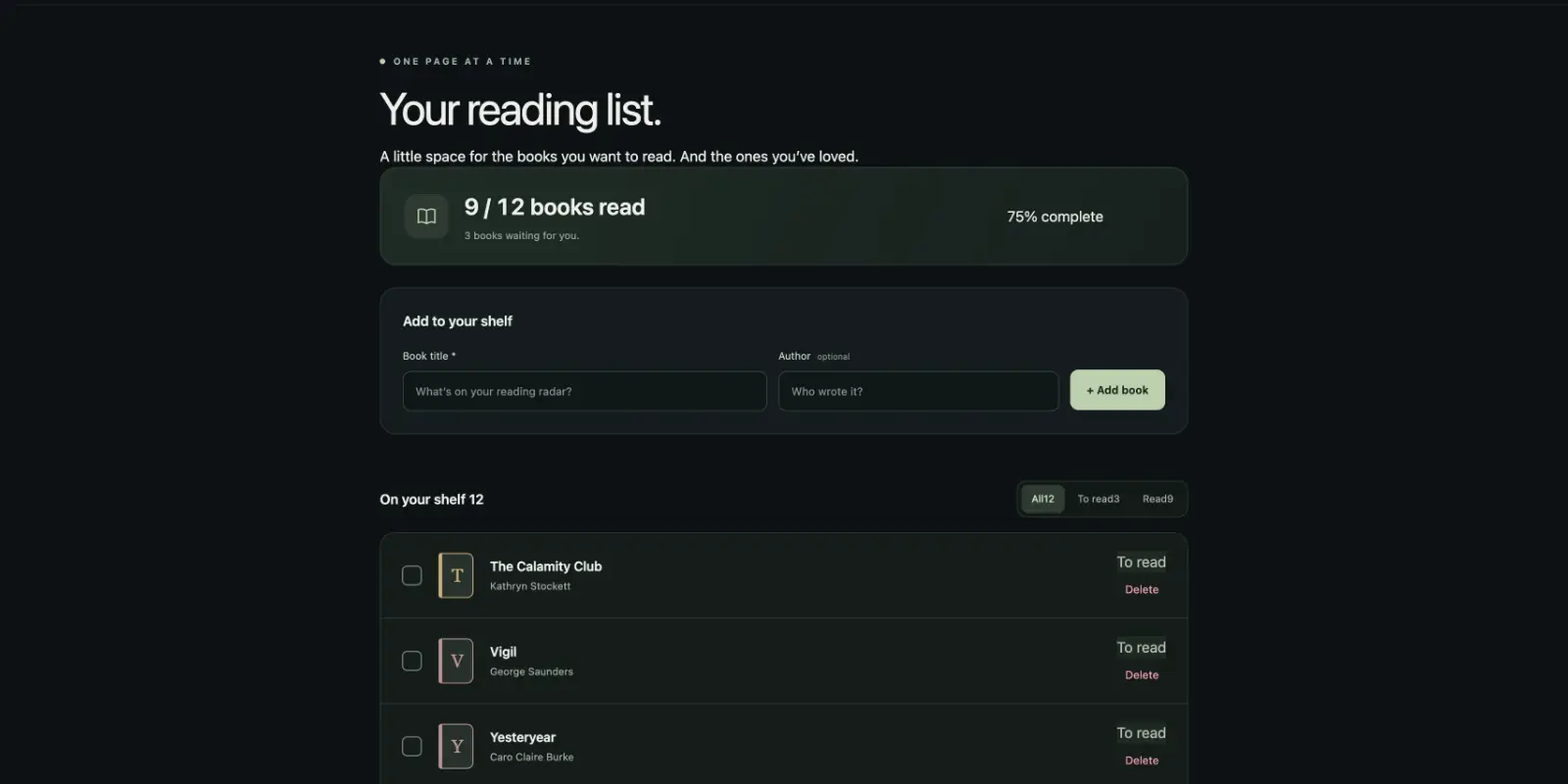 Screenshot of reading list